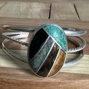 Taxco Signed Cuff Bracelet 6.5 Adjustable Multicolor Stones 925 Sterling 17.3g